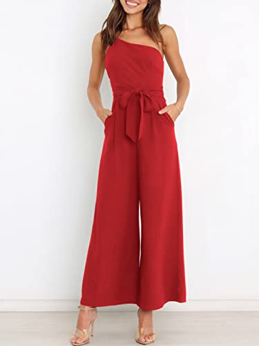 Anrabess Women's Summer Dressy One Shoulder Sleeveless Tie Waist Backless Casual Wide Leg Jumpsuit Rompers Pockets 562Hong-S #TOP4