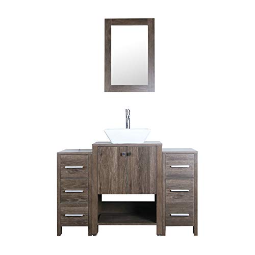 48\" Bathroom Vanity Cabinet Brown MDF Wood Vessel Sink Modern Design w/Mirror Faucet Drain