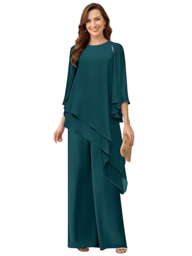KISSMELIFE 3 Pieces Dressy Pantsuits for Wedding Long Sleeve Peacock Chiffon Layered Formal Wedding Guest Dresses for Women Size 8 KM002