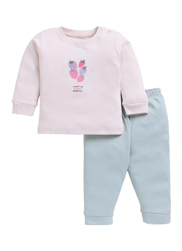 Image of Smart Baby Cotton Night Suit for Girls | Baby Girl Dress 6-12 Months Stylish | Full Sleeve Pajama Set with Strawberry Print and Aplic | Infant Nightwear & Kids Clothes