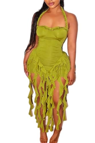 Women's Summer Mini Dress Sexy Halter Backless Ruffle Fringe Bodycon Short Dress Cocktail Party Beach Vacation Sundress