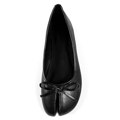 VERISSON Women's Tabi Flats Shoes Split Toe Janpanese Ballet Flats Cute Black Bowknot Ballerina Shoes Size 7