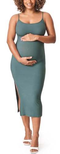 Momanda Women' S Maternity Dress Ribbed Spaghetti Strap Bodycon Dresses Square Neck Maternity Clothes For Baby Shower Midnight Emerald Medium cover