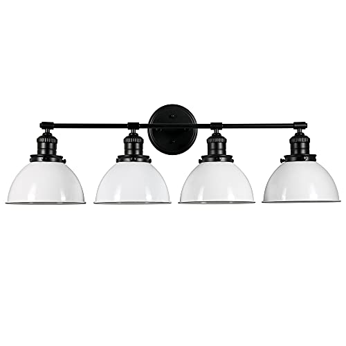 Image of Design House Savannah Rustic Farmhouse 4-Light Bathroom Vanity Light, Dimmable, Matte Black, White Metal Shade, 34.25 in x 9 in x 10.88 in, 589051-BLK | Dimmable, Wall Mount, Modern Farmhouse, Steel, Lighting, 589051-BLK