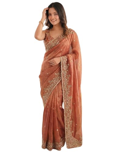 Image of ORHANS Women's Tissue Silk Ethnic Motifs Embroidered Tissue Heavy Work Saree with Embroidered With Unstitched Blouse Piece Blouse Piece | Beautiful Saree for Women | Traditional Indian Sari