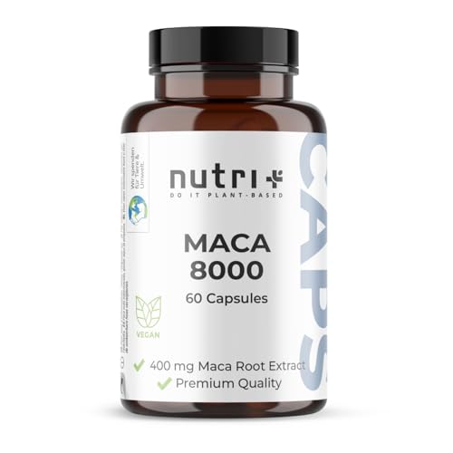 Nutri + Maca Kapseln Gold 8000 - hochdosiert + vegan - Original 20:1 Premium Extrakt (Root Powder) - 60 Maca Caps - laborgeprüft für Männer & Frauen
