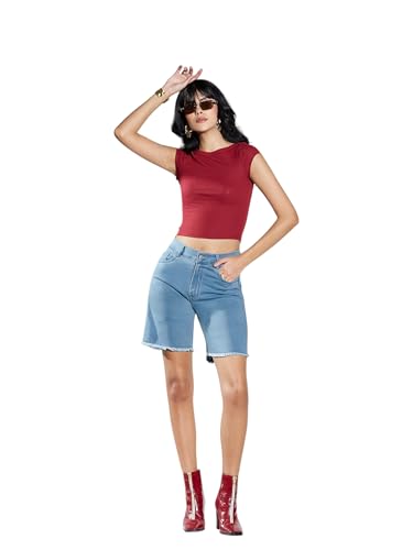 Image of Miss Chase Women's Relaxed Mid Rise Regular Non Stretchable Denim Shorts