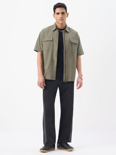 Image of The Souled Store Zipper Shirt: Men and Boys Short Sleeve Spread Collar Zipper Front Solid Textured Regular Fit Casual Easy to Style Everyday Office Wear Cotton Shirt