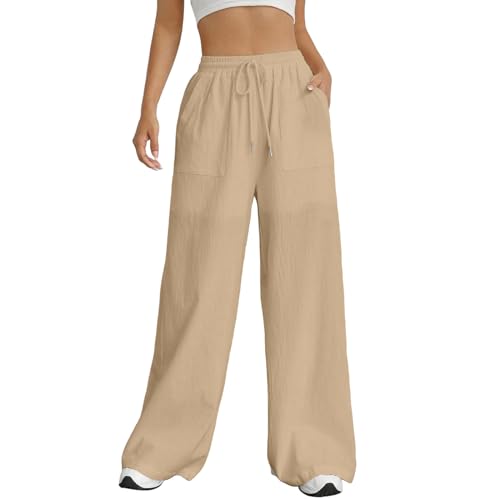 Wide Leg Linen Pants for Women Summer Drawstring Beach Pants Loose Lounge Palazzo Pants Comfy Lounge Pants2