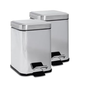Harbour Housewares 3L Bathroom Bins - Chrome - Pack of 2 - Square Stainless Steel Pedal Bin Slim Kitchen Rubbish Trash Can Garbage Dustbin with Lid and Inner Liner Bucket
