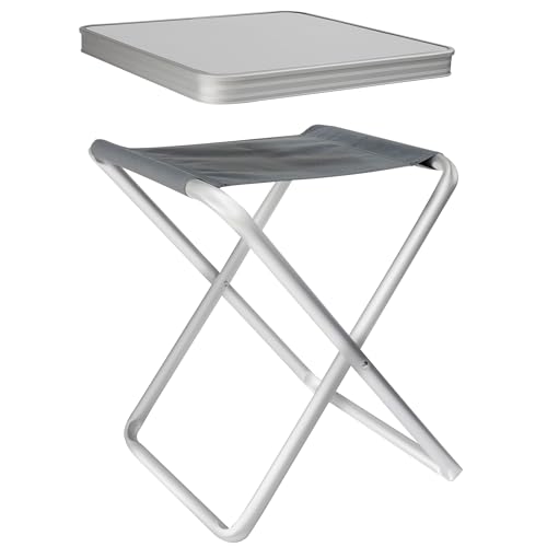 Alu Hocker mit MDF Tischplatte Tablett 40x40x47cm Aluminium Klapphocker Campinghocker Falthocker Angelhocker Campingtisch Wohnmobiltisch Wohnwagentisch klappbar handlicher Beistelltisch