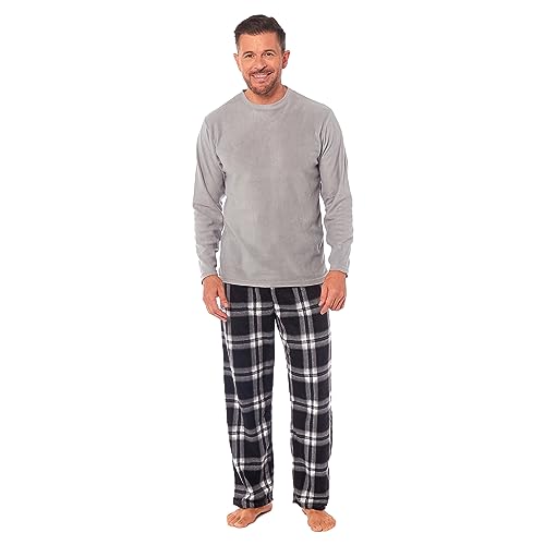 Toro Rocco Conjunto de pijama de forro polar para hombre, manga larga, suave, ropa de dormir, camiseta y pantalón a cuadros, cálido invierno, cómodo pijama para hombre, gris, XL