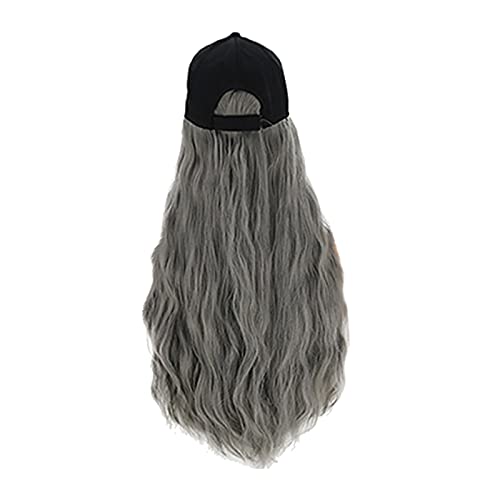 Baseball Cap Wigs with Hair Attached for Black Womens Long Curly Heat Resistant Synthetic Hairpiece Baseball Hat with Wig Hair Extensions (One Size, Grey)