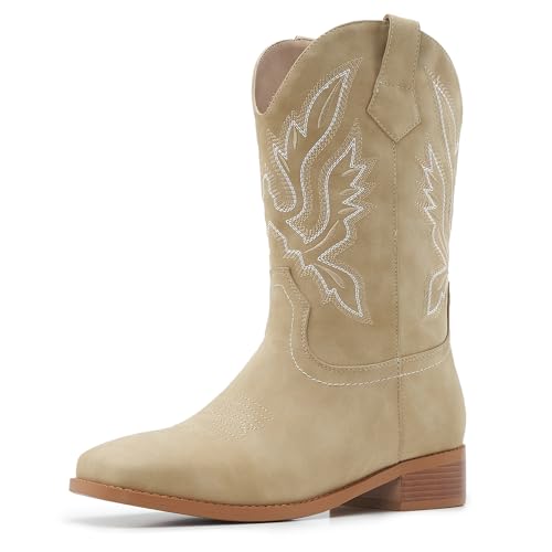 Image of Cowgirl Boots Square Toe Cowboy Boots For Women Ladies Mid Calf Low Heel Flat