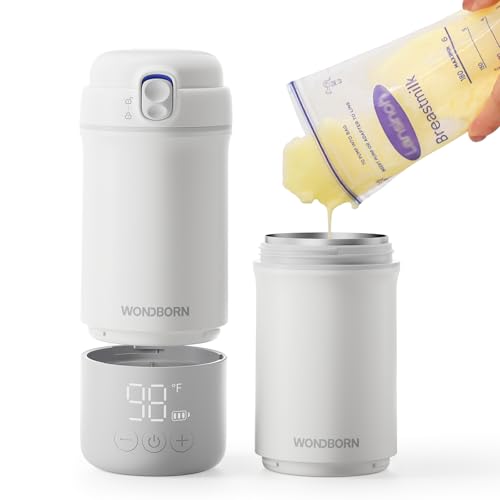 WONDBORN Portable Bottle Warmer for Travel, Dishwasher Safe, 3X Faster & Even Heating, 8 Feeds per Charge, 17oz, 1℉ Precise Adjust, Thaw, Keep Warm,...