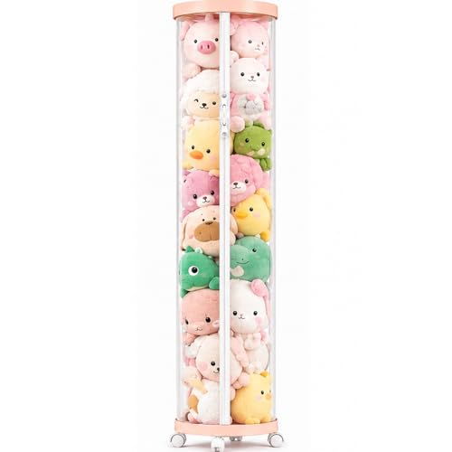 Upgraded Stuffed Animal Storage Tube Tall (150cm) Plush Organizer with 4 Wheels Pink PET Clear Bucket & Double Zipper Space-Saving Toy Storage for Kids Room Tidy Zoo Bin for Stuffed Animals