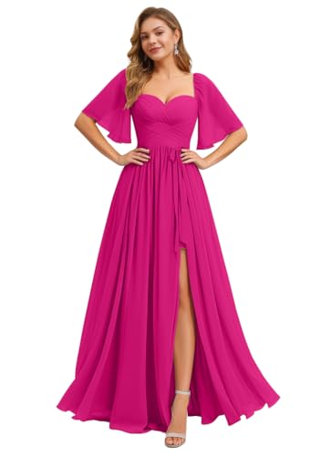 Image of IIF Women's Chiffon Bridesmaid Dresses for Wedding Flutter Sleeves Ruched A Line Long Formal Dress with Slit IIF149