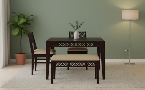 Image of RECTART Solid Wood Dining Table Set with Chairs for Living Room Home | Wooden Dining Room Sets Furniture for Hotels and Restaurants | (Walnut CNC, 4 Seater with Bench)