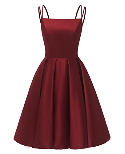 Image of Tianzhihe Satin Homecoming Dresses for Teens 2026 Spaghetti Straps A-line Square Neck Short Cocktail Party Dress with Pockets