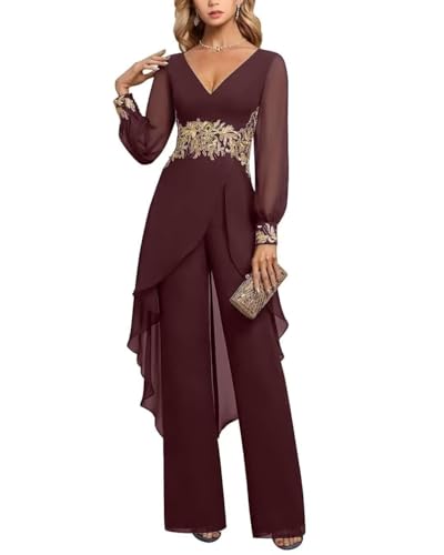 Mother of The Bride Pantsuits Chiffon Lace Applique Ruffles Formal Wedding Guest Dress Jumpsuit for Women