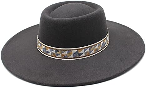 Womens Top Hat Retro Felt Pork Pie Wool Hats Wide Flat Brim Fedora Summer Autumn Winter Solid Cap Color Gray, Size One Size