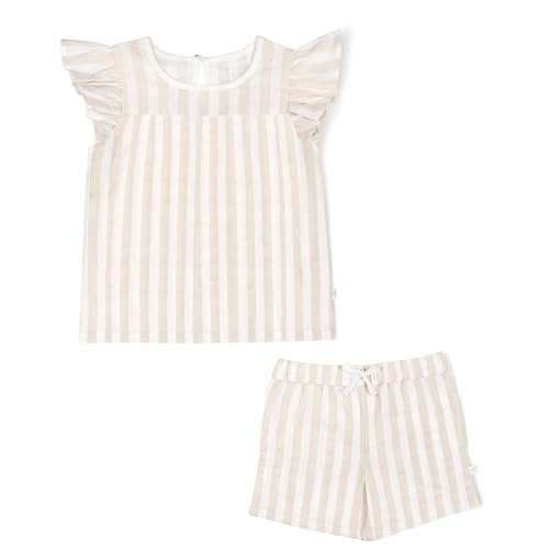 Image of MakeMake Organics GOTS Certified Organic Cotton Baby Kids Toddler Girl Top and Short Outfit Set - Beige Stripes, 2-3 Years