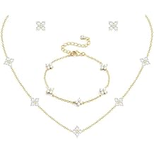 ORAZIO Dainty Silver Gold Jewelry Set for Women Trendy 14K Gold Plated CZ Flowers Pendant Choker Necklaces for Women Stud Earrings Link Bracelets Stack Jewelry Gifts for Wedding Prom Brides