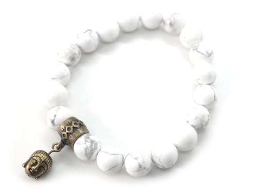 Bracelet howlite blanche artisanale perles 10mm et Bouddha en laiton bronze