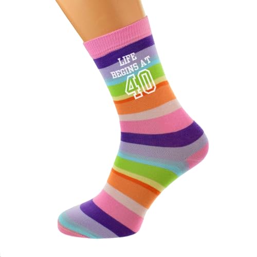 Image of Life Begins at 40 Design 40th Birthday Pastel Rainbow Coloured Stripes Ladies Socks UK Size 4-8