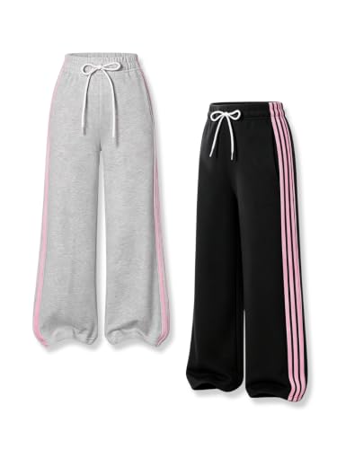 Vitalique Teen Girls Sweatpants 2 Pack Wide Leg Drawstring Sweat Pants Cute Striped Casual Loose Spring Fall Pants Size 11 12Y(Black Grey 11-12Y)