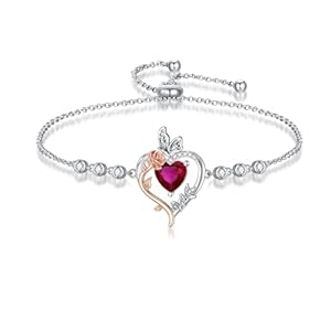TOUPOP Rose Heart Birthstone Bracelet for Women 925 Sterling Silver Butterfly Love Heart Jewelry Anniversary Birthday Mothers Day Gifts for Her Girlfriend Wife Mom