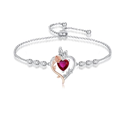 TOUPOP Rose Heart Birthstone Bracelet for Women 925 Sterling Silver Butterfly Love Heart Jewelry Anniversary Birthday Mothers Day Gifts for Her Girlfriend Wife Mom