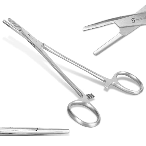 Pure sharp - 5.5 Inch Forceps Stainless Steel Clamp - Straight Edge Precision Tool for Veterinary, and Hobby Use - Ideal for Grasping Small Objects and Tissue Handling (1, Straight)
