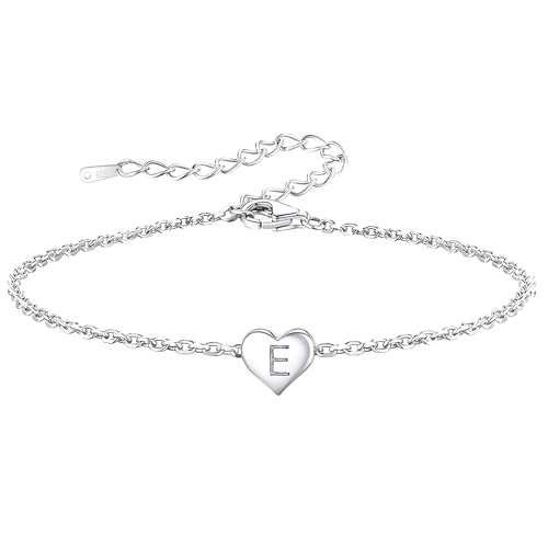bifriend Funny S925 Silver 26 Letter Initial A-Z Heart Pendant Bracelet Gift For Daughter Sisters Friends Mum Birthday Christmas Adjustable Jewellery (E)