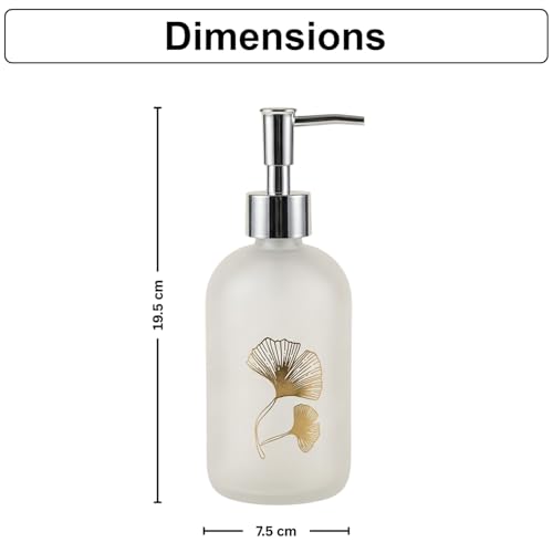 Image of Luxe Home International Flower Print Glass Soap Dispenser for Bathroom and Kitchen Sink Leak Proof Liquid Hand Wash Round Bottle Lightweight Smooth Finish (19.5x7.5 cm White) Pack of 1