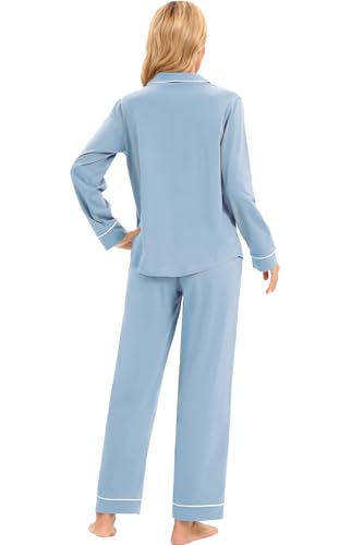 Image of LUBOT 100% Cotton Pajamas Set for Women PJ Set Soft Long Sleeve Button-Down Shirt PJ Two-piece Set Warm Night Suit Sleepwear Loungewear (Baby Blue, XS)