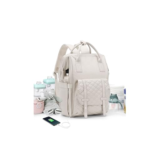 Image of Diaper Bags Backpack Baby Bag for Mom Dad Baby Girls Boy, Cute Mult Diaper Nappy Bag Travel Back Pack, Water Repellent Maternity Changing Bag Baby Stuff with USB Charging Port Off White 1642