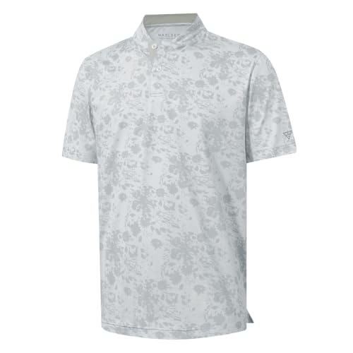 M MAELREG Golf Shirts for Men Collarless Performance Dry Fit Stretch Henley Casual Printed Mens Polo Shirts Short Sleeve, Grey Splatter, Medium