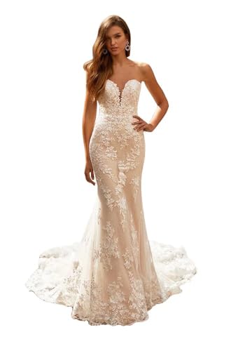 Dexinyuan Lace Deep V Neck Wedding Dresses for Bride Mermaid