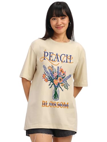 Image of JUNEBERRY 100% Pure Cotton Oversized Loose Fit Half Sleeve Cool Front Chest Graphic Printed Round Neck Drop Shoulder T-Shirt for Women S to 2XL