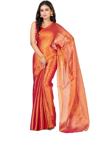 Image of Women's Tissue Cotton Saree | Plain Lightweight Tassel Pallu Saree with Blouse