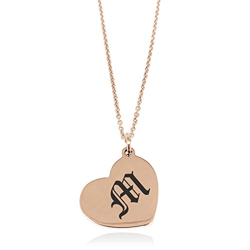 Tioneer Rose Gold Plated Stainless Steel Letter M Initial Old English Monogram Floating Heart Tag Charm Pendant Necklace