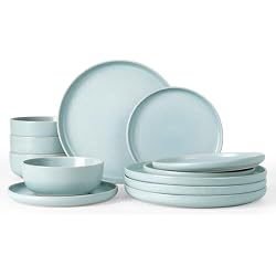 Famiware Milkyway Plates and Bowls Sets, 12 Pieces Dinnerware Sets, Reactive Glaze Dish Set, Stoneware Dishes Set for 4, Light Blue