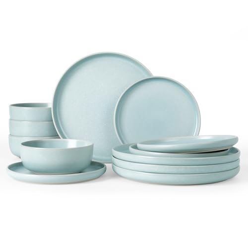 Image of Famiware Milkyway Plates and Bowls Sets, 12 Pieces Dinnerware Sets, Reactive Glaze Dish Set, Stoneware Dishes Set for 4, Light Blue