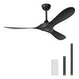KASASS Outdoor Ceiling Fan No Light, Black 52 Inch with Remote, Indoor Ceiling Fans without lights 3 blades, 6 Speed Reversible DC Motor Modern for Patios, Kitchen, Bedroom, Living Room, Porch (Black)