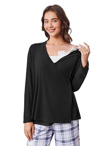 Deyeek Chemo Shirts for Port Access Women Long Sleeve V-Neck Snap Blouse Post Shoulder Surgery Shirts Chemotherapy Clothing