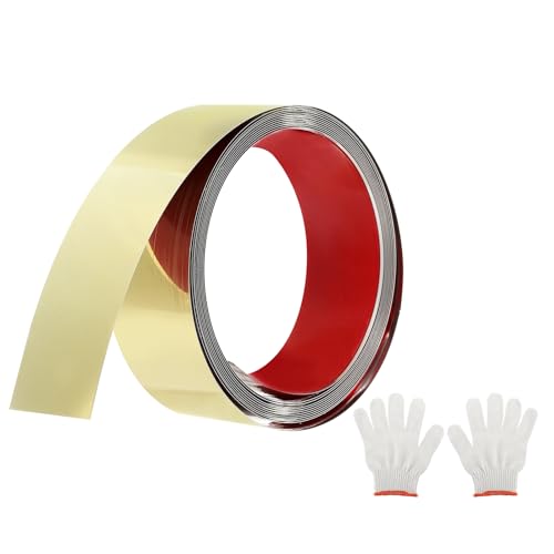 QUARKZMAN Moulures Décoratives Autocollantes en Acier Inoxydable, 5m X 5cm Doré Garniture de Moulure Murale Autocollante avec Finition Miroir avec des Sacs, des Gants, des Cartes
