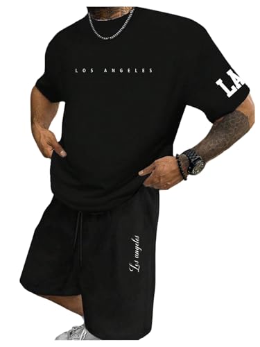 GORGLITTER Men's Summer Vacation Outfits 2 Piece Letter Graphic Oversized Tee and Shorts Set Track Suit