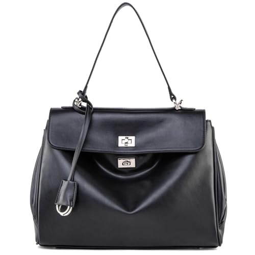 NGGU Black Leather Tote Bag for Women Soft Leather Shoulder Handbags for Ladies Satchel Purse for Travel Work & Medium & Black Leather & Silver Clasp