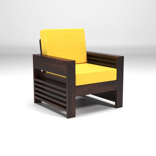 Image of KINGS HOME FURNITURE Sheesham Wooden 1 Seater Sofa for Living Room | Rosewood 1 Seater Cushion Sofa with Side Teapoy for Home & Office | Solid Wood Sofa Set for Lounge (Honey,Beige,1 Seater)